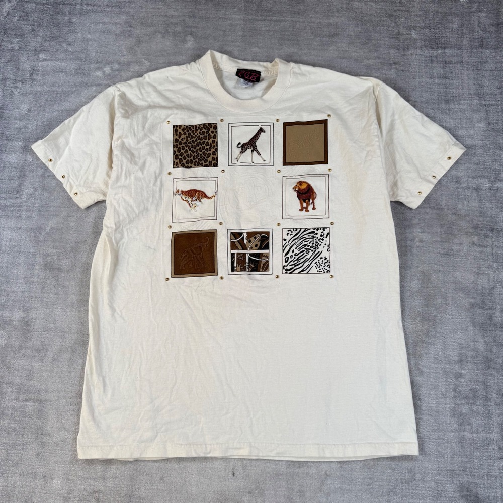 Vintage Nature Shirt Women 2X Cream Safari Animal Print Embroidered Studded 90s